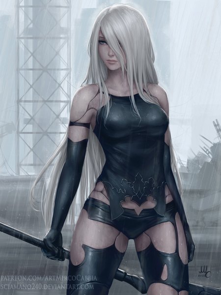 Anime picture 1050x1400 with nier nier:automata yorha type a no. 2 sciamano240 single long hair tall image fringe breasts light erotic standing holding signed looking away silver hair outdoors one eye closed hair over one eye realistic mole