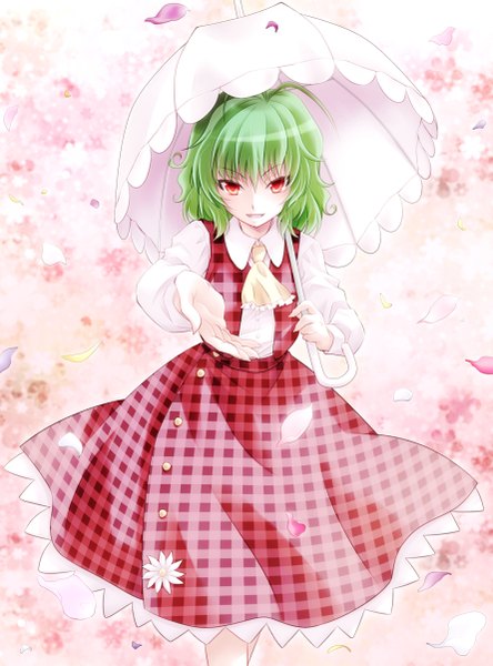 Anime picture 890x1202 with touhou kazami yuuka komiru single tall image looking at viewer short hair open mouth red eyes green hair outstretched arm girl dress skirt petals umbrella skirt set