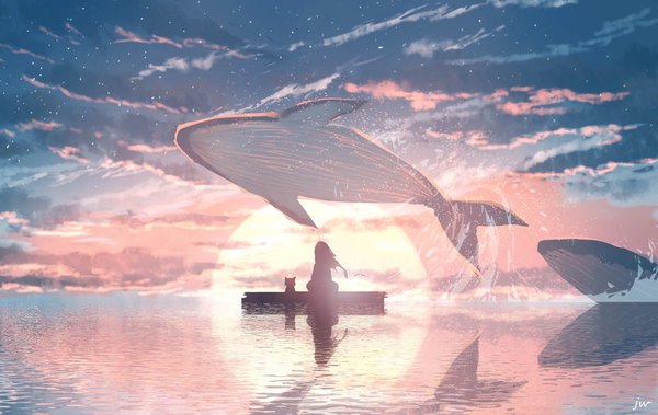 イラスト 2533x1600 と オリジナル 画师jw ソロ 長髪 highres 座る signed 空 cloud (clouds) outdoors evening reflection sunset horizon scenic silhouette 女の子 動物 海 猫