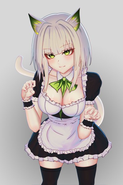 Anime picture 3000x4500 with arknights kal'tsit (arknights) absurd fox single tall image looking at viewer blush fringe highres short hair breasts light erotic simple background smile large breasts standing green eyes animal ears cleavage silver hair