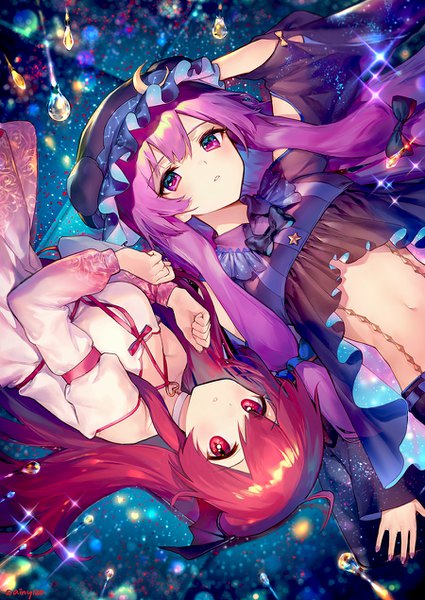 Anime picture 900x1270 with touhou patchouli knowledge koakuma ainy long hair tall image looking at viewer fringe hair between eyes red eyes purple eyes multiple girls purple hair ahoge red hair nail polish sparkle midriff head wings tress ribbon