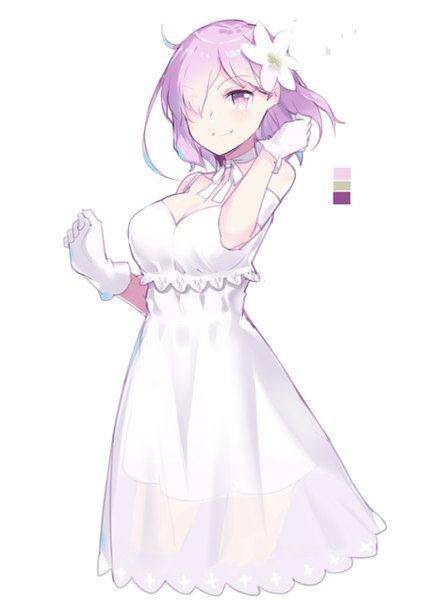 Anime picture 900x1273 with fate (series) fate/grand order mash kyrielight mash kyrielight (formal dress) aosora kamiya single tall image looking at viewer fringe short hair breasts simple background large breasts purple eyes cleavage purple hair hair flower light smile hair over one eye official alternate costume