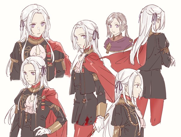 Anime picture 3300x2500 with fire emblem fire emblem: three houses nintendo edelgard von hresvelg nanao parakeet long hair looking at viewer highres simple background standing white background purple eyes holding looking away absurdres parted lips profile hand on hip multiview alternate age