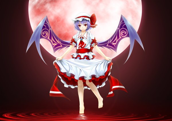 Anime picture 2046x1447 with touhou remilia scarlet aru1025330 single highres short hair red eyes purple hair red moon girl dress skirt wings bonnet skirt set