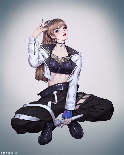 Anime picture 3840x4800 with real life blackpink lalisa manoban paul (shiramune) single long hair tall image looking at viewer fringe highres brown hair green eyes signed absurdres full body ponytail blunt bangs long sleeves nail polish parted lips