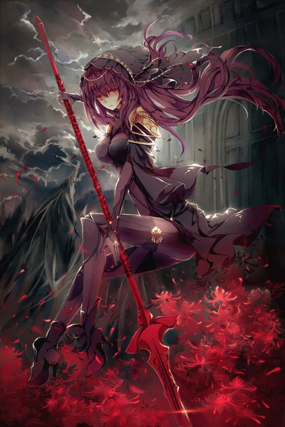 Anime picture 1000x1500 with fate (series) fate/grand order scathach (fate) (all) scathach (fate) tanzhujiuyue single long hair tall image looking at viewer fringe breasts hair between eyes red eyes holding payot sky cloud (clouds) full body bent knee (knees) high heels
