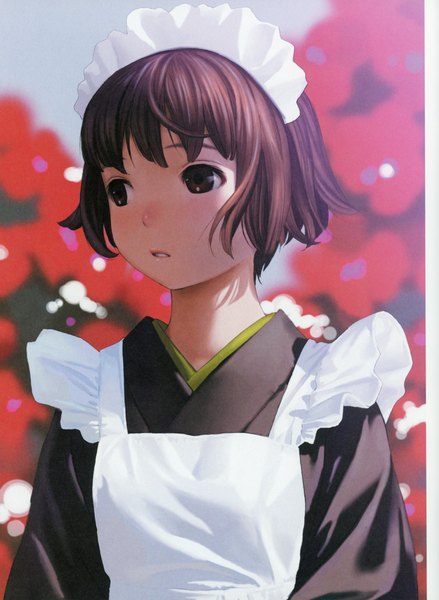 Anime picture 5092x6966 with futurelog (artbook) range murata single tall image fringe highres short hair brown hair brown eyes looking away absurdres upper body long sleeves traditional clothes parted lips japanese clothes blurry scan :o expressionless