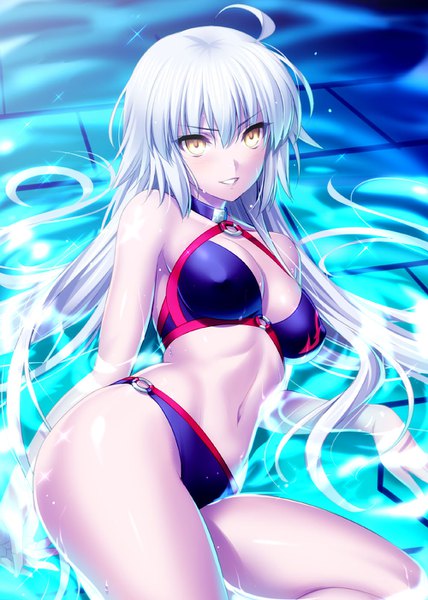 Anime picture 1000x1402 with fate (series) fate/grand order jeanne d'arc (fate) (all) jeanne d'arc alter (fate) jeanne d'arc alter (swimsuit berserker) (fate) zen (kamuro) single long hair tall image looking at viewer blush fringe breasts light erotic smile hair between eyes bare shoulders yellow eyes cleavage silver hair