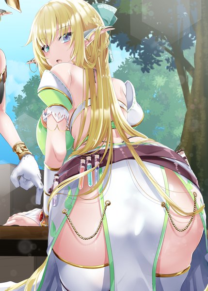 Anime picture 858x1200 with original shirosuzu long hair tall image looking at viewer blush fringe breasts open mouth blue eyes light erotic blonde hair large breasts standing bare shoulders payot sky outdoors ass braid (braids)