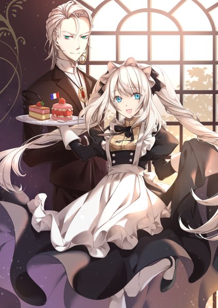 Anime picture 1000x1414 with fate (series) fate/grand order marie antoinette (fate/grand order) karna (fate) jh tall image looking at viewer short hair open mouth blue eyes twintails green eyes white hair very long hair maid girl dress boy uniform headdress