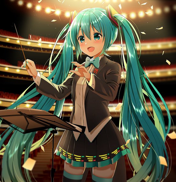 Anime-Bild 1000x1034 mit vocaloid miku symphony (vocaloid) hatsune miku yuuka nonoko single tall image fringe open mouth hair between eyes twintails looking away very long hair nail polish :d pleated skirt aqua eyes aqua hair sparkle aqua nail polish conductor