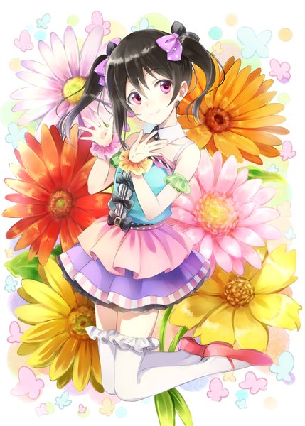 Anime picture 1000x1399 with love live! school idol project sunrise (studio) love live! yazawa nico jas (annkoromochi) single tall image looking at viewer short hair black hair twintails pink eyes short twintails girl thighhighs dress flower (flowers) bow hair bow white thighhighs