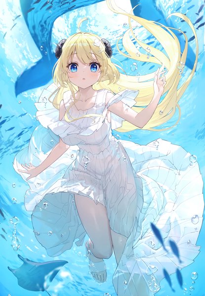 Anime picture 2405x3477 with virtual youtuber hololive tsunomaki watame fuumi (radial engine) single long hair tall image looking at viewer blush fringe highres open mouth blue eyes blonde hair full body ahoge blunt bangs horn (horns) scan :o