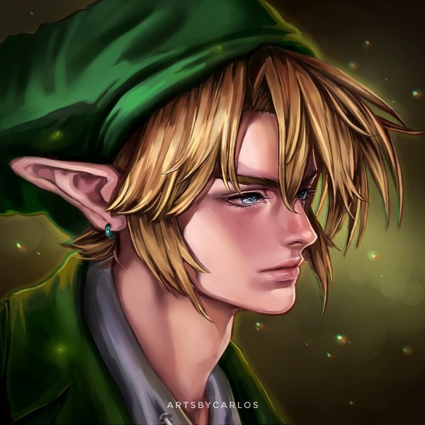 Anime picture 1024x1024 with the legend of zelda nintendo link carlos miguel single fringe short hair blue eyes simple background blonde hair hair between eyes signed looking away lips pointy ears realistic portrait elf boy hat