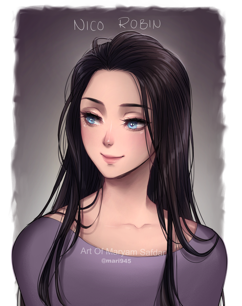 Anime picture 2217x2812 with one piece toei animation nico robin mari945 single long hair tall image blush highres blue eyes black hair simple background blonde hair smile signed looking away realistic grey background character names twitter username