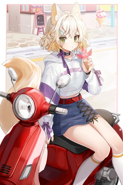 Anime picture 1049x1573 with original mid (gameshe) single tall image looking at viewer blush fringe short hair blonde hair hair between eyes standing sitting holding green eyes animal ears outdoors tail long sleeves nail polish animal tail