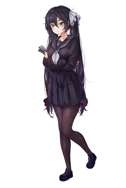 Anime picture 6000x8918 with genshin impact mona megistus torriet single long hair tall image looking at viewer fringe highres breasts black hair simple background hair between eyes standing white background twintails holding green eyes absurdres full body