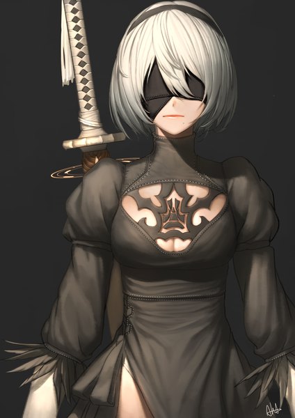 Anime picture 1000x1414 with nier nier:automata yorha no. 2 type b ahdorkvell single tall image short hair simple background standing signed upper body white hair long sleeves mole puffy sleeves black background portrait side slit cleavage cutout mole under mouth