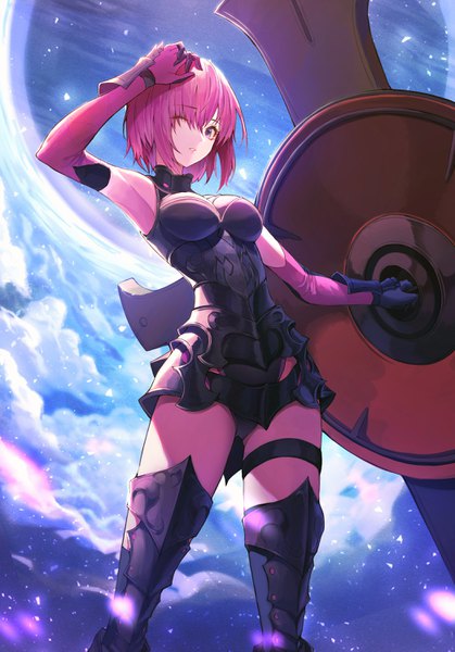 Anime picture 2092x2994 with fate (series) fate/grand order mash kyrielight peulopi single tall image looking at viewer fringe highres short hair breasts light erotic standing purple eyes holding pink hair sky cloud (clouds) outdoors parted lips
