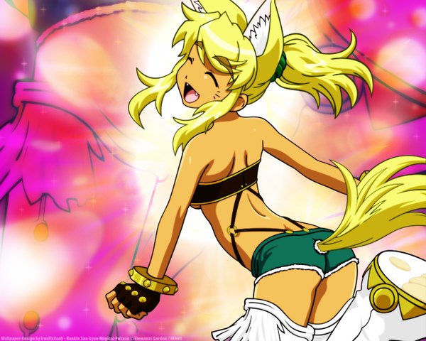Anime picture 1280x1024 with renkin san-kyuu magical pokaan liru open mouth blonde hair smile animal ears ponytail tail eyes closed animal tail from behind teeth fang (fangs) facial mark arched back whisker markings girl gloves shorts fingerless gloves