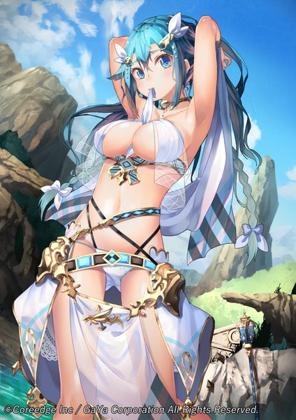 Anime picture 1202x1700 with original lee-chan (saraki) saraki single long hair tall image looking at viewer blush fringe breasts blue eyes light erotic hair between eyes standing holding payot blue hair sky cloud (clouds) outdoors