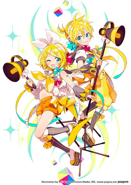 Anime picture 636x900 with vocaloid magical mirai (vocaloid) kagamine rin kagamine len 4 (nakajima4423) tall image short hair open mouth blonde hair smile white background full body ponytail one eye closed aqua eyes grin ;d siblings twins brother and sister