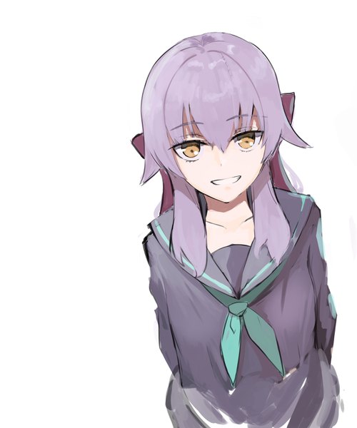 Anime picture 2500x3000 with owari no seraph wit studio hiiragi shinoa sharpheon single long hair tall image looking at viewer fringe highres simple background smile hair between eyes white background brown eyes purple hair upper body girl uniform bow