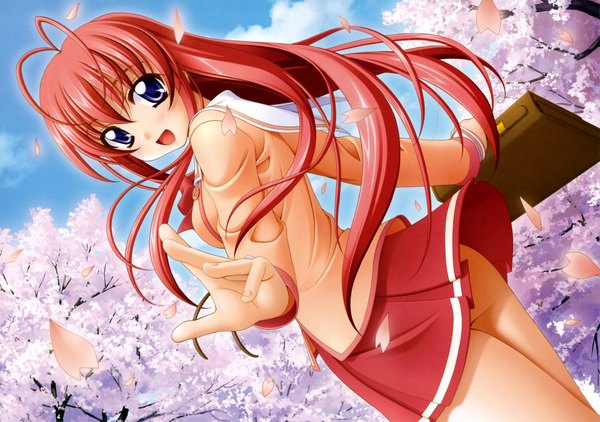 Anime picture 7680x5414 with examinator hori ayaka sin-go single long hair looking at viewer blush highres open mouth blue eyes light erotic absurdres sky ahoge red hair wind no panties cherry blossoms skirt lift spring