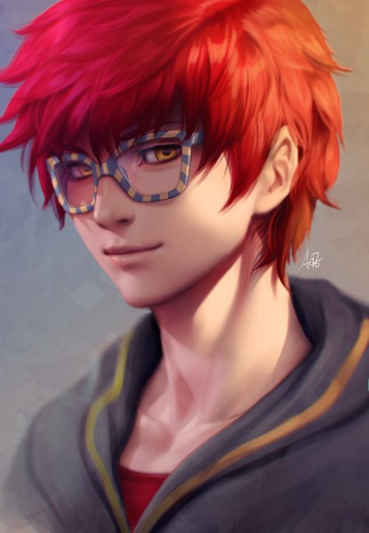 Anime picture 900x1300 with mystic messenger 707 (mystic messenger) artgerm (stanley lau) single tall image looking at viewer short hair simple background smile signed yellow eyes upper body red hair sunlight realistic grey background portrait boy glasses hood