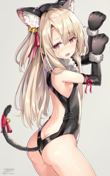 Anime picture 689x1104 with fate (series) fate/kaleid liner prisma illya illyasviel von einzbern rin yuu single long hair tall image blush fringe open mouth light erotic simple background blonde hair hair between eyes red eyes signed animal ears ass tail animal tail
