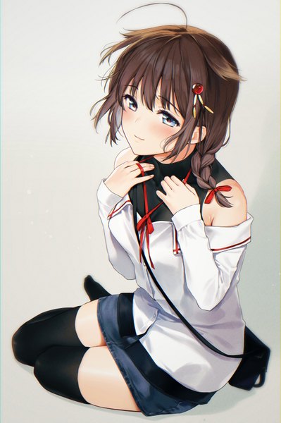 Anime picture 1078x1619 with kantai collection shigure destroyer umakuchi shouyu single long hair tall image looking at viewer blush fringe blue eyes simple background smile hair between eyes brown hair sitting bare shoulders payot full body ahoge bent knee (knees)