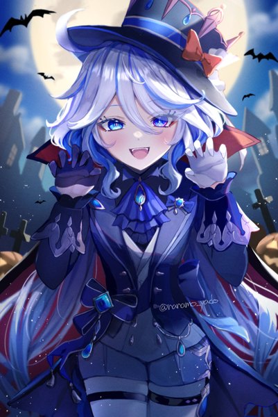 Anime picture 1193x1785 with genshin impact furina (genshin impact) doyamona single long hair tall image looking at viewer blush fringe open mouth blue eyes hair between eyes signed silver hair ahoge :d multicolored hair streaked hair twitter username halloween