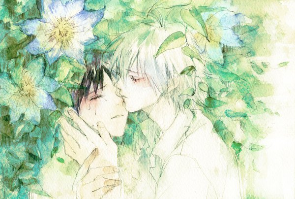 Anime picture 1200x808 with neon genesis evangelion gainax ikari shinji nagisa kaworu vll short hair black hair silver hair upper body eyes closed parted lips profile multiple boys tears crying shounen ai traditional media almost kiss watercolor (medium) hand on another's face