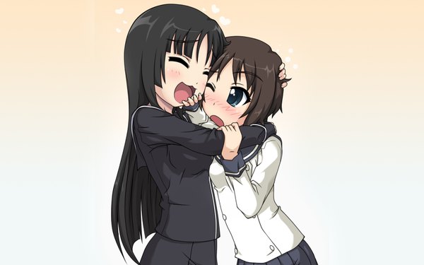 Anime picture 1680x1050 with ga-rei zero isayama yomi tsuchimiya kagura blush wide image hug girl
