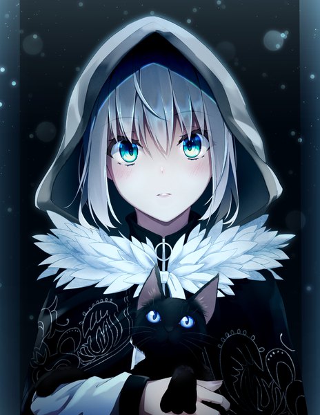 Anime picture 1200x1550 with fate (series) fate/grand order lord el-melloi ii case files gray (fate) oriuo q single tall image looking at viewer blush fringe short hair blue eyes hair between eyes holding silver hair upper body parted lips portrait girl animal