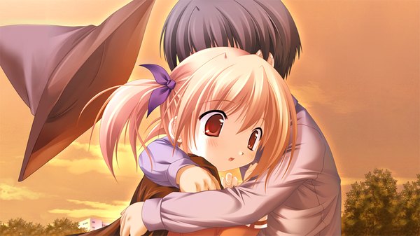 Anime picture 1024x576 with sanarara r nekoneko soft blush short hair blonde hair red eyes wide image twintails game cg loli couple hug short twintails girl boy witch hat