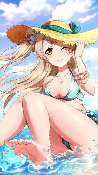 Anime picture 1080x1920 with love live! school idol project sunrise (studio) love live! minami kotori xiao ren single long hair tall image blush breasts light erotic smile brown hair yellow eyes sky cloud (clouds) one eye closed wink one side up soles