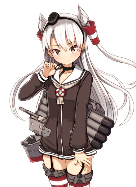 Anime picture 892x1218 with kantai collection amatsukaze destroyer rensouhou-kun nosuku single long hair tall image looking at viewer blush simple background white background brown eyes silver hair two side up zettai ryouiki girl thighhighs hair ornament hat choker