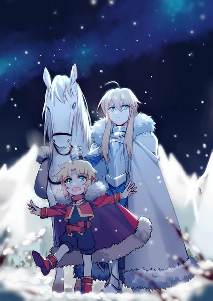 Anime picture 960x1358 with fate (series) fate/grand order artoria pendragon (all) mordred (fate) artoria pendragon (lancer) yorukun long hair tall image fringe short hair open mouth blonde hair hair between eyes standing multiple girls holding payot looking away full body ahoge