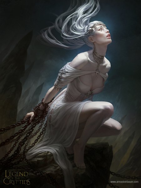 Anime picture 750x1000 with legend of the cryptids depingo single long hair tall image breasts open mouth light erotic bare shoulders looking away silver hair barefoot realistic inscription bare legs legs looking up silver eyes girl dress