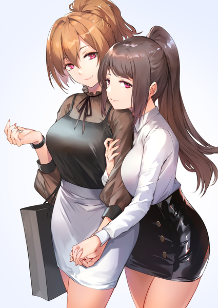 Anime picture 1024x1446 with original nr noir long hair tall image looking at viewer fringe breasts simple background smile hair between eyes red eyes brown hair multiple girls payot ponytail long sleeves parted lips head tilt fingernails holding hands