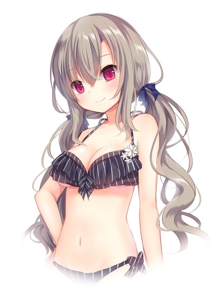 Anime picture 1700x2300 with original nachi single long hair tall image looking at viewer blush fringe breasts light erotic smile hair between eyes twintails pink eyes grey hair mole mole under eye low twintails wavy hair girl