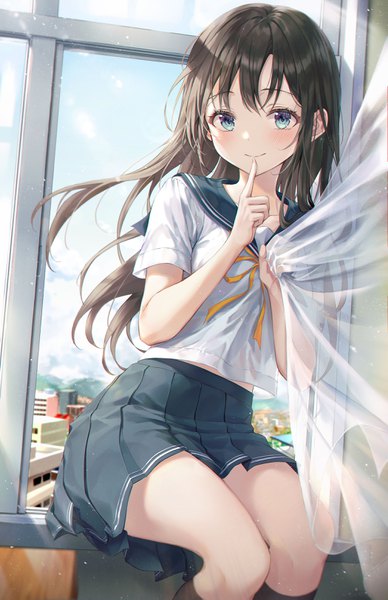 Anime picture 2100x3246 with original r o ha single long hair tall image looking at viewer blush fringe highres blue eyes black hair smile sitting indoors nail polish pleated skirt arm up fingernails wind sunlight