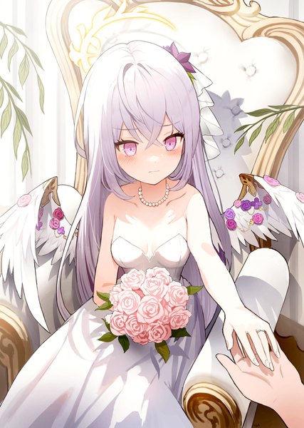 Anime picture 2831x3982 with blue archive azusa (blue archive) tikakaa long hair tall image blush fringe highres hair between eyes sitting purple eyes silver hair from above holding hands solo focus white wings girl dress flower (flowers) wings