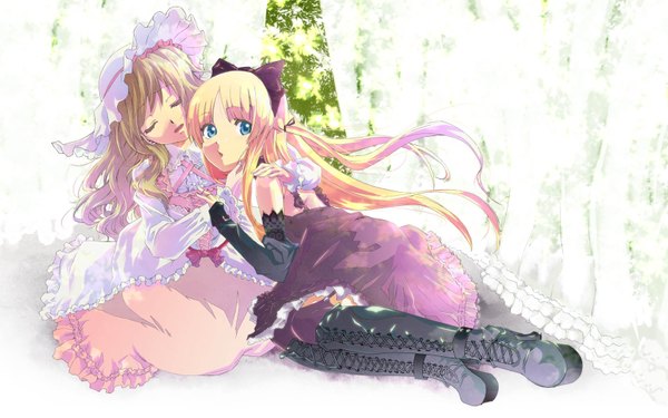 Anime picture 1680x1050 with original kazumiya akira long hair blue eyes blonde hair wide image multiple girls eyes closed girl dress bow 2 girls hair bow hat detached sleeves boots frills