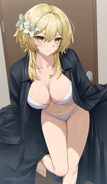 Anime picture 2382x4098 with genshin impact lumine (genshin impact) rosumerii single long hair tall image looking at viewer blush fringe highres breasts light erotic blonde hair smile hair between eyes large breasts standing signed yellow eyes indoors