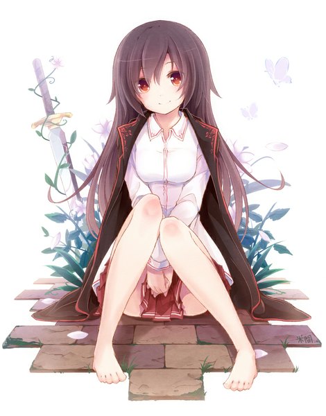 Anime picture 677x864 with original yonema single long hair tall image looking at viewer light erotic black hair smile sitting brown eyes bent knee (knees) pleated skirt barefoot bare legs no shoes girl skirt weapon plant (plants)