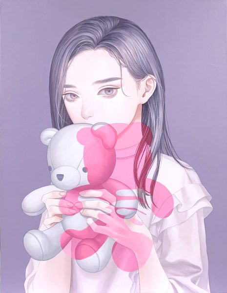Anime picture 1588x2048 with original konno mayumi single long hair tall image looking at viewer simple background fingernails grey hair realistic grey eyes covered mouth expressionless purple background traditional media surreal girl toy stuffed animal stuffed toy