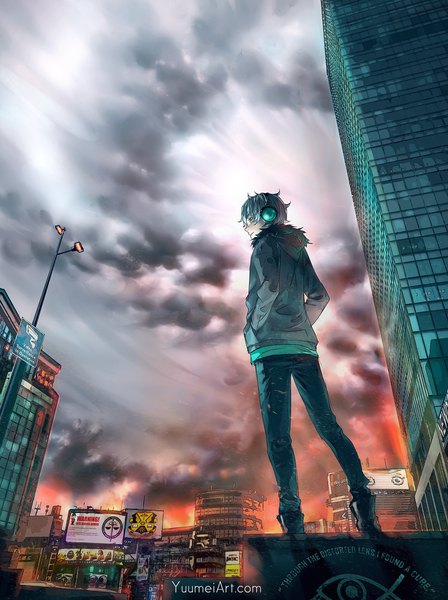 Anime picture 1496x2000 with fisheye placebo frey (fisheye placebo) yuumei single tall image short hair standing looking away cloud (clouds) outdoors profile aqua eyes grey hair from below fur trim evening hands in pockets boy boots fur