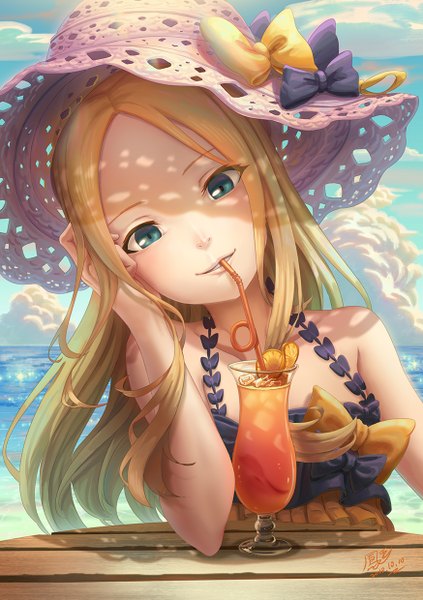 Anime picture 874x1240 with fate (series) fate/grand order abigail williams (fate) ho-oh (artist) single long hair tall image looking at viewer blush fringe blonde hair smile sitting bare shoulders green eyes signed sky cloud (clouds) outdoors parted lips
